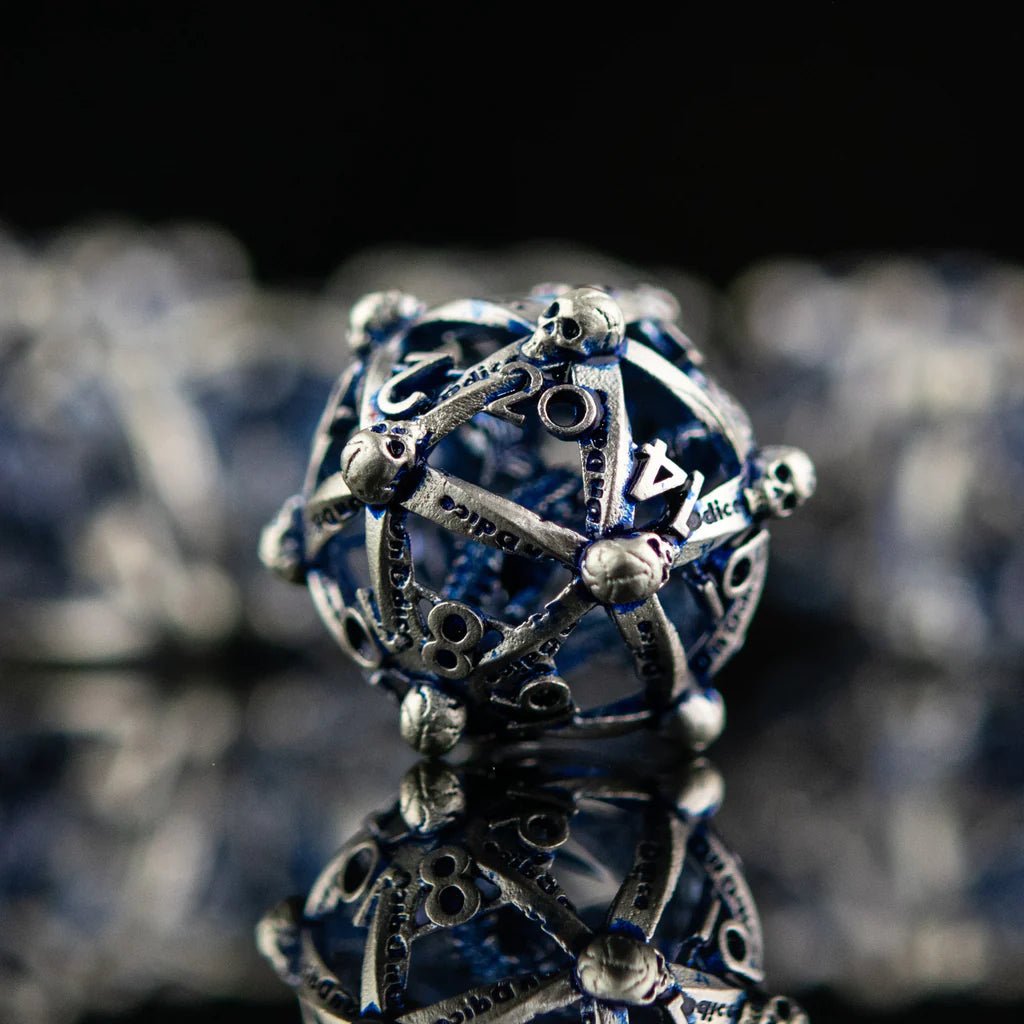 Draco Immortui Hollow Metal Dice Set- Blue and Silver