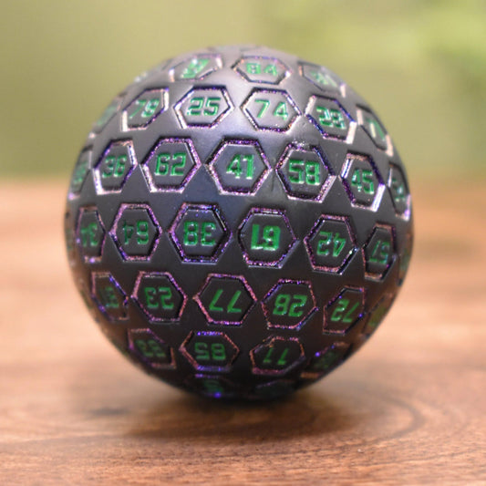 The Orb D100 - Purple, Green, and Black Metal Die